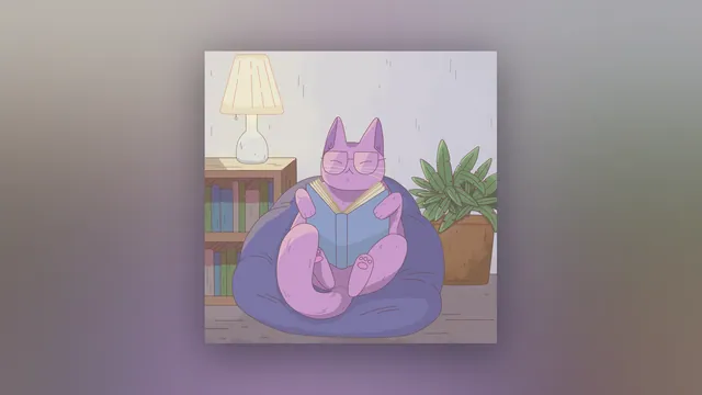A Good Book desktop wallpaper: A purple cat in glasses reading a book in a navy beanbag next to a lamp, a bookshelf and a potted plant