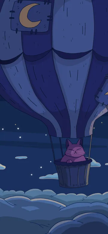 Above the Clouds phone wallpaper: A purple cat riding a patched hot-air balloon above a sea of clouds beside a snowy peak with a tower, under a full moon