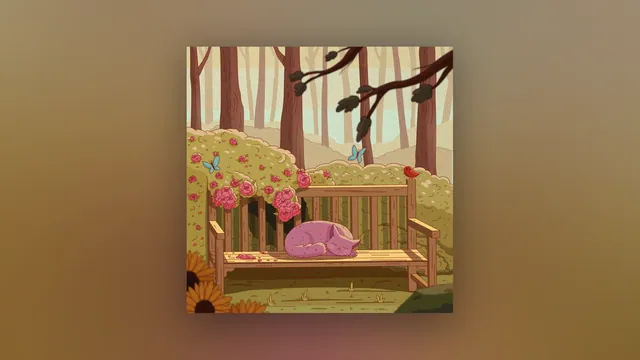Bloom desktop wallpaper: A purple cat curled asleep on a wooden garden bench surrounded by pink roses, a red bird and a sunflower