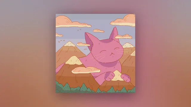 Brain Fog desktop wallpaper: A giant purple cat rising calmly behind pastel orange mountains with peach clouds and a flock of birds