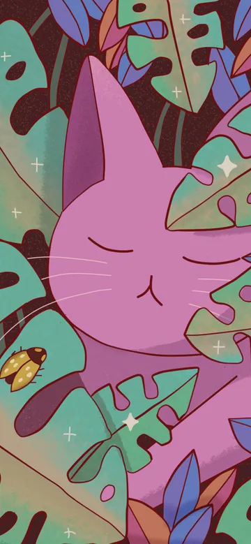 Cat Nap phone wallpaper: A purple cat napping among huge green monstera and tropical leaves, with a tiny golden beetle