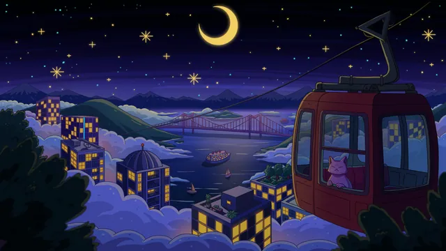 City Nights 3 desktop wallpaper: A red cable car gliding over a glowing night city and low clouds under a crescent moon, a cat looking out of its window