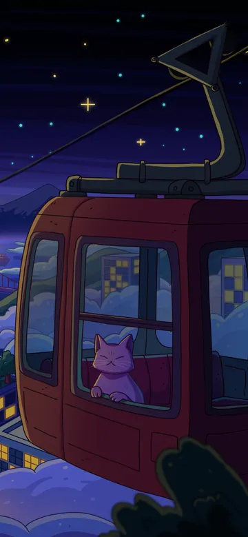 City Nights 3 phone wallpaper: A red cable car gliding over a glowing night city and low clouds under a crescent moon, a cat looking out of its window