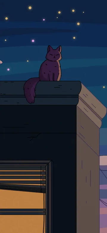 City Nights phone wallpaper: A cat silhouette on a rooftop under a crescent moon, string lights on the next roof and a lit window with blinds, deep blue sky with pink clouds