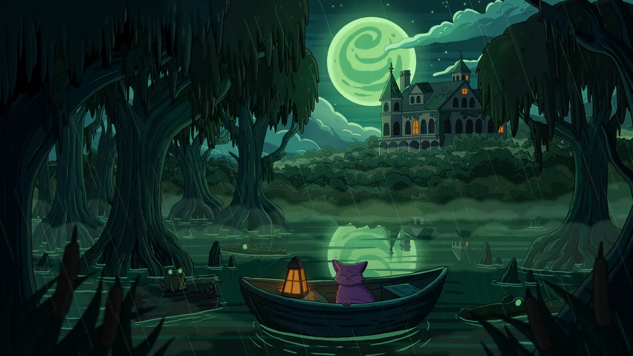 Cypress Manor desktop wallpaper by Purrple Cat: A purple cat in a rowboat with a glowing lantern on a rainy bayou, mossy cypress trees, a swirly green moon and a manor with orange windows