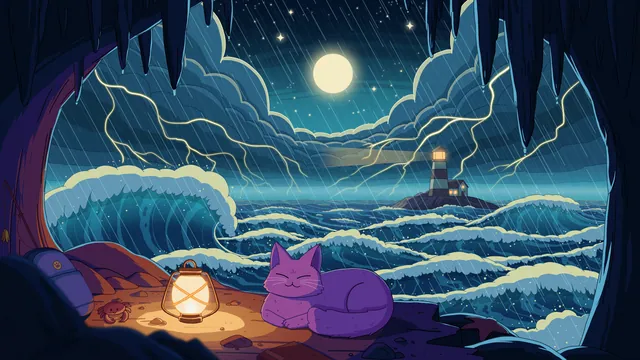 Eye of the Storm desktop wallpaper: A purple cat curled asleep with a lantern on a cave ledge, looking out at huge waves, lightning and a distant lighthouse under the moon