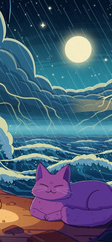 Eye of the Storm phone wallpaper: A purple cat curled asleep with a lantern on a cave ledge, looking out at huge waves, lightning and a distant lighthouse under the moon