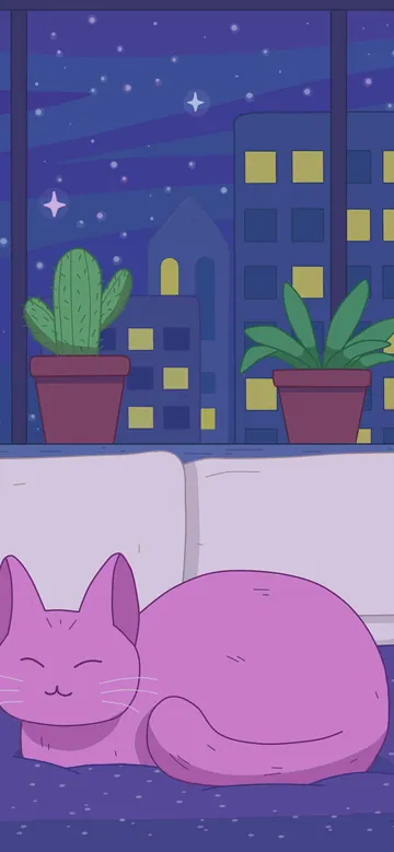 Indigo Dreams phone wallpaper: A purple cat curled up on a bed under a big window lined with cacti and houseplants, an indigo city skyline and stars outside