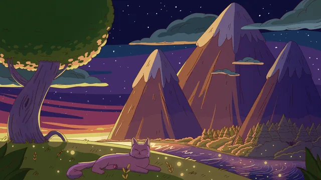 Mellow Skies desktop wallpaper: A purple cat lying in a meadow at dusk with fireflies, triangular mountains and a river under a purple sky