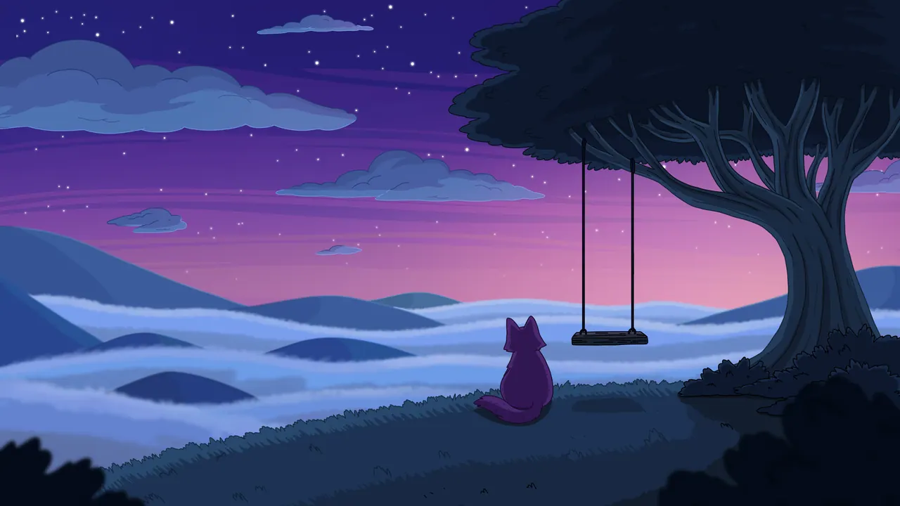 Memories desktop wallpaper by Purrple Cat: A small cat sitting on a hill beside a big tree with an empty rope swing, looking over a sea of clouds at purple dusk