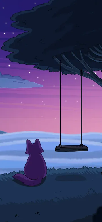 Memories phone wallpaper: A small cat sitting on a hill beside a big tree with an empty rope swing, looking over a sea of clouds at purple dusk
