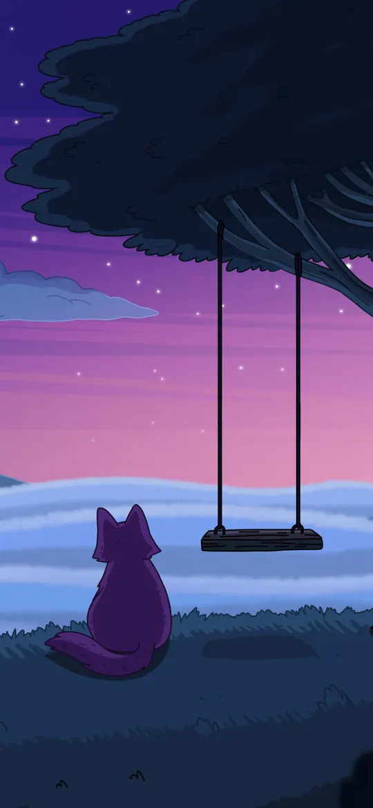 Memories phone wallpaper by Purrple Cat: A small cat sitting on a hill beside a big tree with an empty rope swing, looking over a sea of clouds at purple dusk