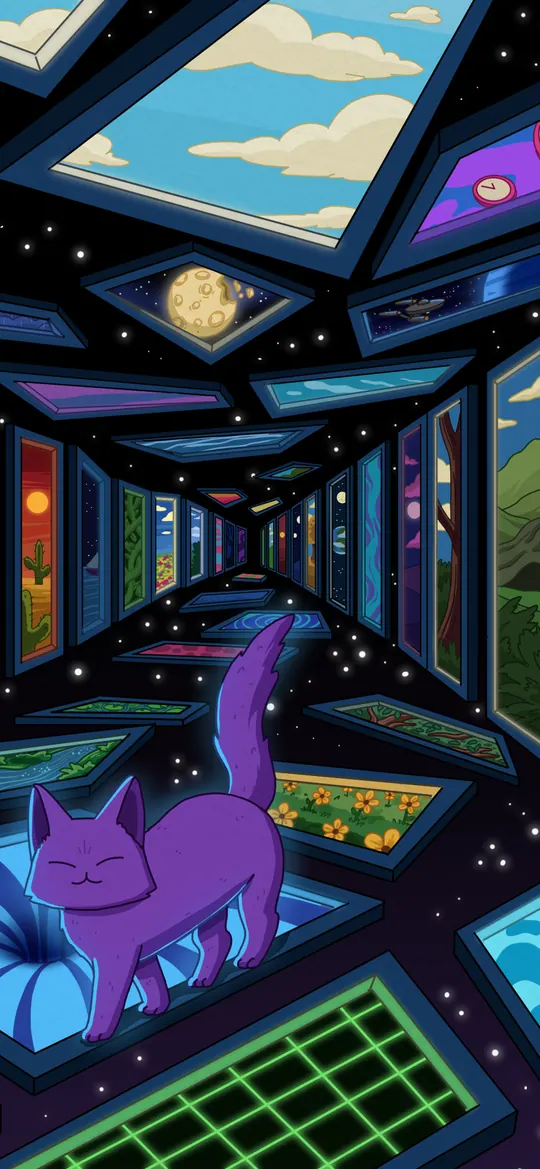 Multiverse 2 phone wallpaper by Purrple Cat: A purple cat standing in a neon space corridor lined with portal windows into other worlds: a waterfall, a city, a desert sunset, a snowy peak
