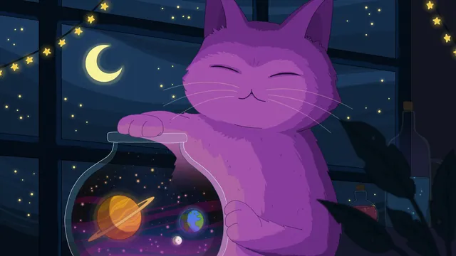 Multiverse desktop wallpaper: A large smiling purple cat at a night window with a paw on a glass jar of tiny planets, string star lights and a crescent moon