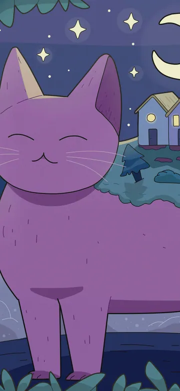 Nostalgia and Moving On phone wallpaper: A big purple cat standing in a moonlit forest clearing with a little village of houses on its back, under a crescent moon