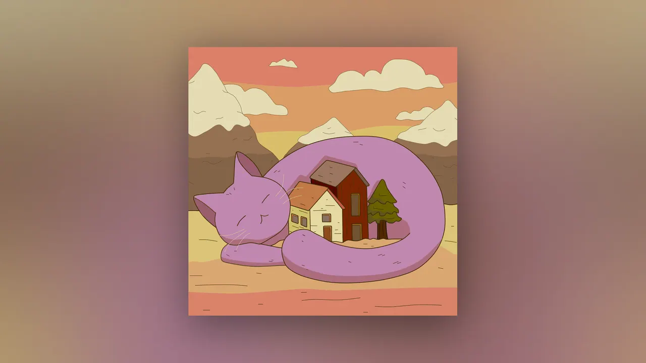 Now or Never desktop wallpaper by Purrple Cat: A giant sleeping purple cat curled around a tiny village of houses and a pine tree, under peach clouds and sandy mountains