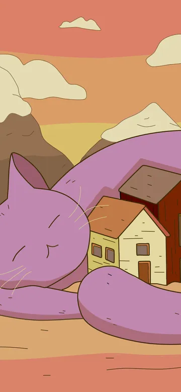 Now or Never phone wallpaper: A giant sleeping purple cat curled around a tiny village of houses and a pine tree, under peach clouds and sandy mountains