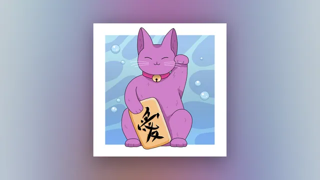 Pelagic Journey desktop wallpaper: A purple lucky cat holding a gold tile with the kanji for love, on a blue underwater background with rising bubbles
