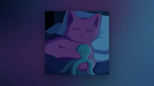 Please Hold Me desktop wallpaper: A purple cat asleep in bed under a blue blanket, hugging a smiling teal octopus plush