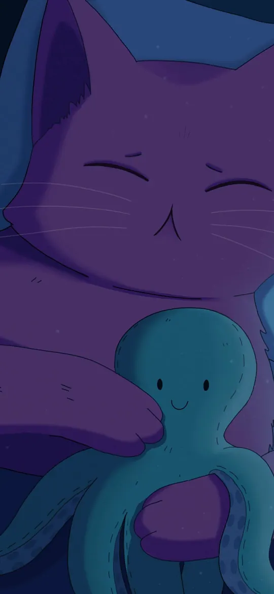 Please Hold Me phone wallpaper by Purrple Cat: A purple cat asleep in bed under a blue blanket, hugging a smiling teal octopus plush