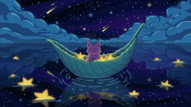 Sea of Stars desktop wallpaper: A purple cat in a leaf-shaped boat holding stars, floating on a reflective sea scattered with glowing yellow stars and swirling blue clouds