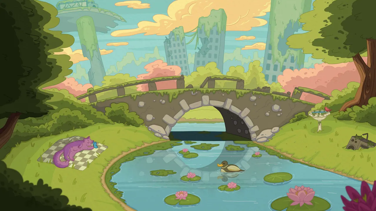 Signs of Life desktop wallpaper by Purrple Cat: A purple cat napping on a checkered picnic blanket by a stone bridge and lily-pad pond, overgrown skyscrapers in soft pastel greens behind