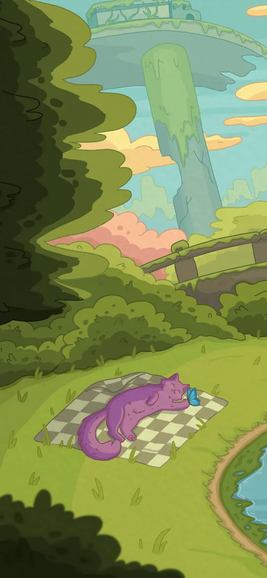Signs of Life phone wallpaper by Purrple Cat: A purple cat napping on a checkered picnic blanket by a stone bridge and lily-pad pond, overgrown skyscrapers in soft pastel greens behind