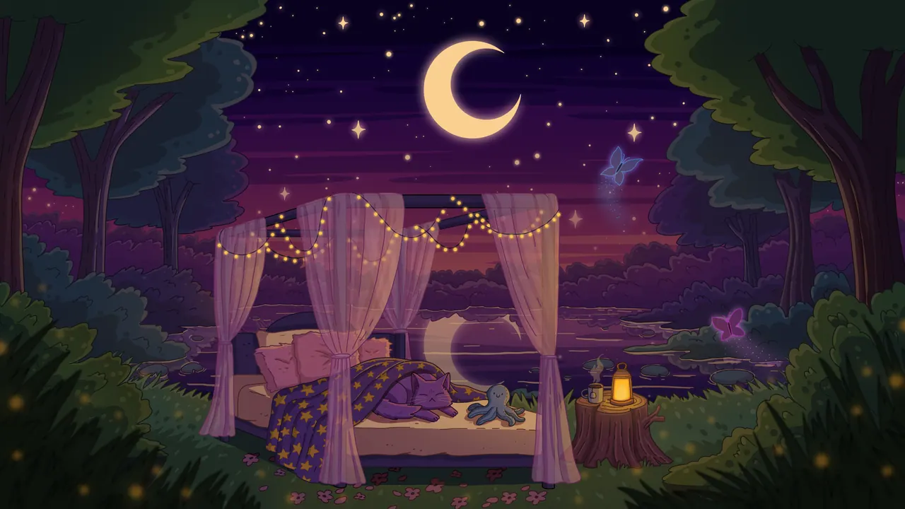 Sleep Tight desktop wallpaper by Purrple Cat: A canopy bed with string lights and sheer curtains on a hilltop under a crescent moon and stars, a purple cat asleep inside by a glowing lantern