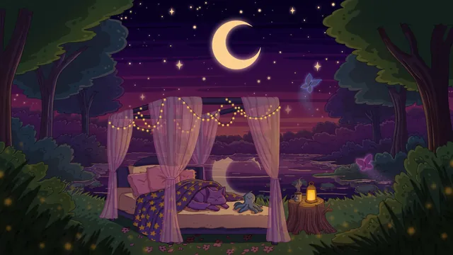 Sleep Tight desktop wallpaper: A canopy bed with string lights and sheer curtains on a hilltop under a crescent moon and stars, a purple cat asleep inside by a glowing lantern