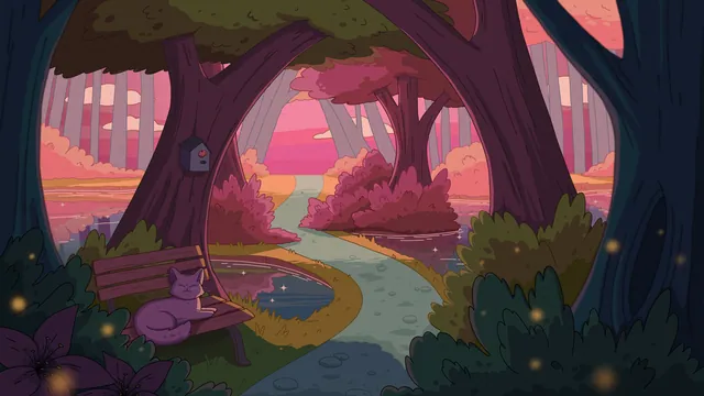 Tranquil Trails desktop wallpaper: A purple cat resting on a park bench under big trees by a winding path, a birdhouse and fireflies in peach sunset light