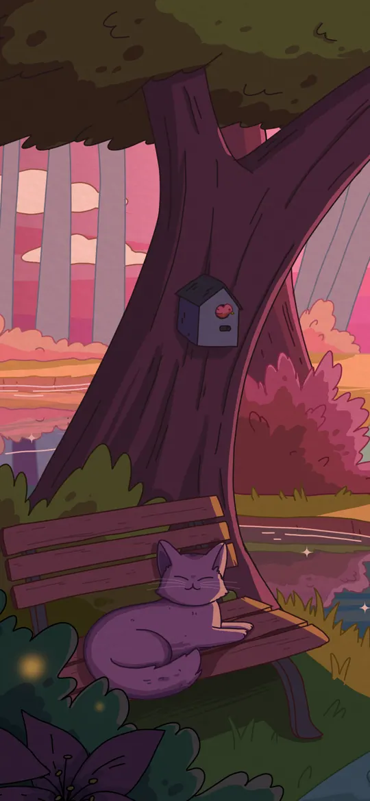 Tranquil Trails phone wallpaper by Purrple Cat: A purple cat resting on a park bench under big trees by a winding path, a birdhouse and fireflies in peach sunset light