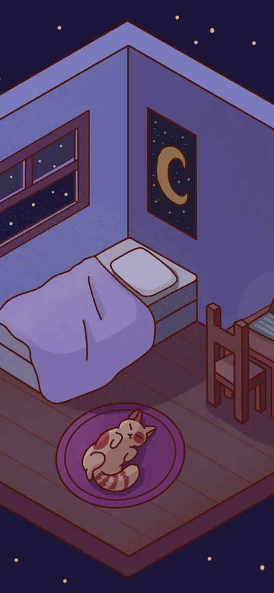 Whispers in the Dark phone wallpaper by Purrple Cat: An isometric cozy bedroom floating in a starry sky: bed, desk with a laptop, moon and star posters, and a cat asleep on a round rug